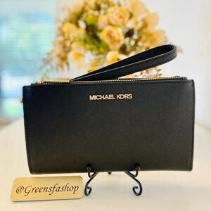 Michael Kors wallet double zip leather wristlet black